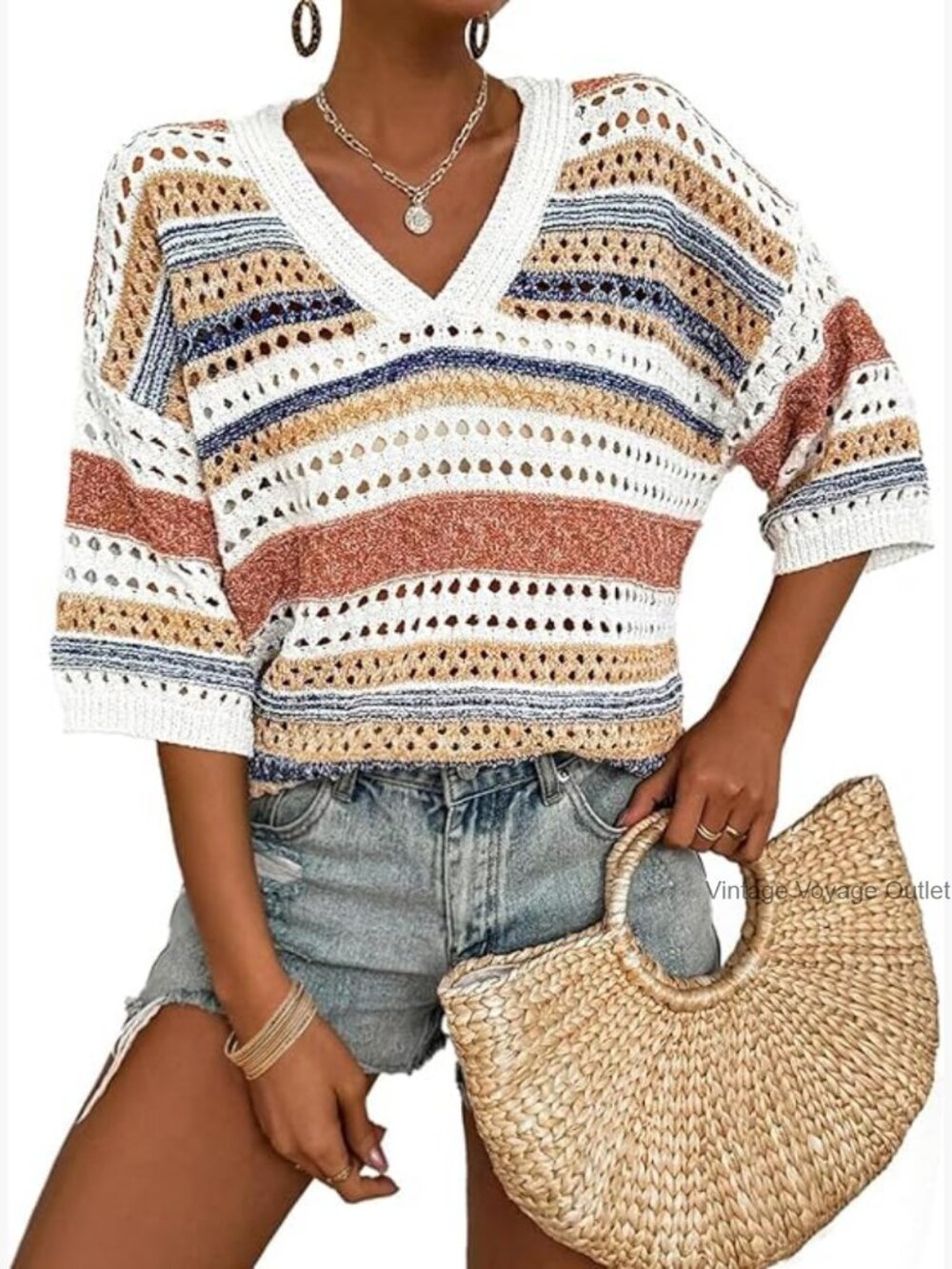Lightweight V-Neck Crochet Sweater, Hollow Out Striped Knit Top, Oversized